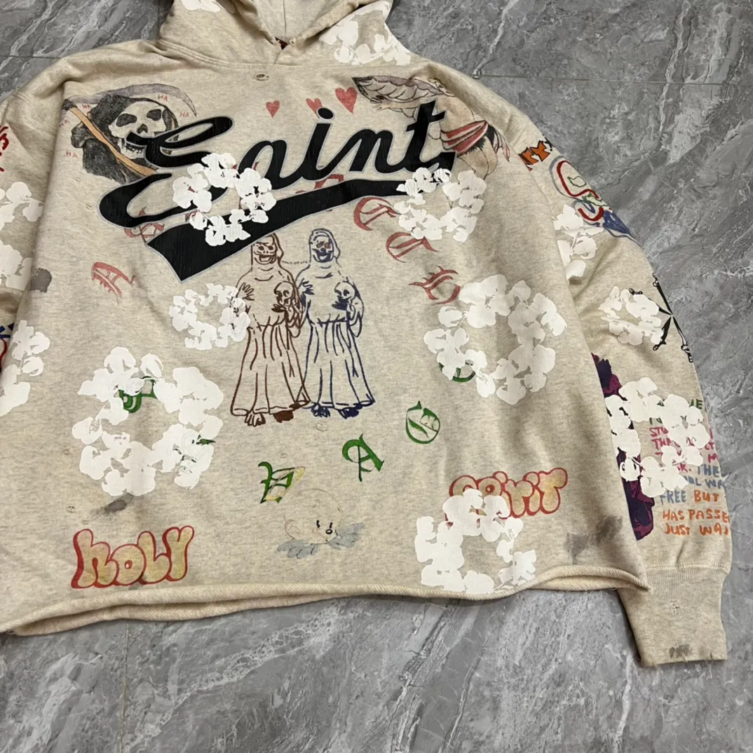 DENIM TEARS × ©SAINT M×××××× "SAINT TEARS" Graffiti Hoodie 22ss co-branded cotton graffiti hoodie, full printed washed distressed hole Vintage sweatshirt, gray S-XL, super heavy duty! The whole piece is printed with 35 screens and counterpoint printing!